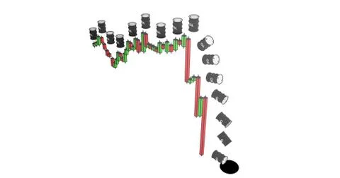 Oil barrels falling down a downward graph. Illustrazione stock