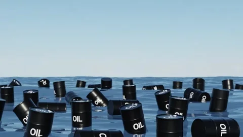 Oil Barrels Floating on Ocean Stock Footage 339584803
