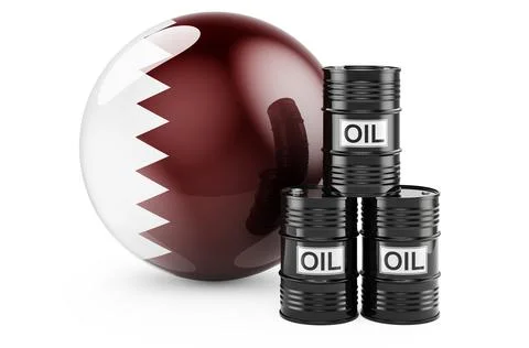 Oil barrels with Qatari flag. Oil production or trade in Qatar concept, 3D re Stock Illustration