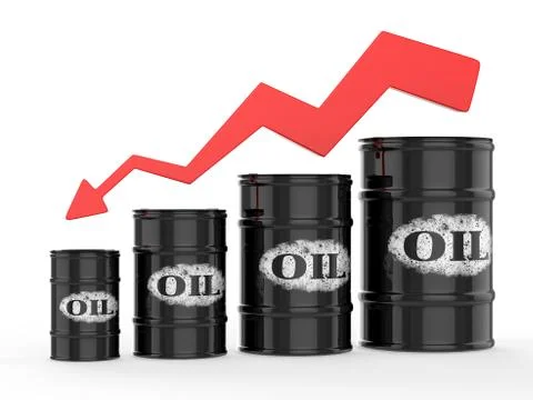 Oil Barrels with Red Arrow down. Financial crisis Illustrazione stock