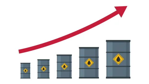 Oil barrels with red arrow points upward, Gasoline prices increase Stock Footage 332325617
