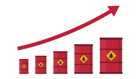 Oil barrels with red arrow points upward, Gasoline prices increase Stock Footage 332325643