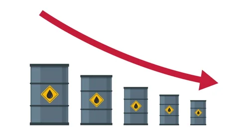 Oil barrels with red arrow points downward, Gasoline shortage Video stock 332325645