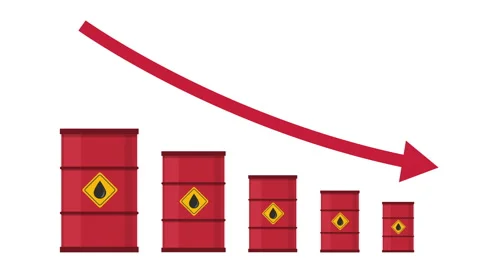 Oil barrels with red arrow points downward, Gasoline shortage Stock Footage 332325733