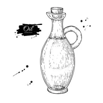 Oil bottle drawing. Vector glass pitcher with cork stopper. Stock Illustration