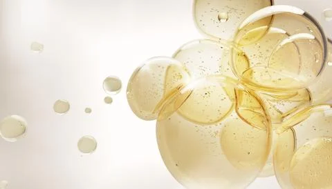 Oil bubbles texture 3d background. Gold liquid transparent drops of serum Illustrazione stock