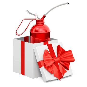 Oil can, oiler inside gift box, present concept. 3D rendering Ilustração Stock