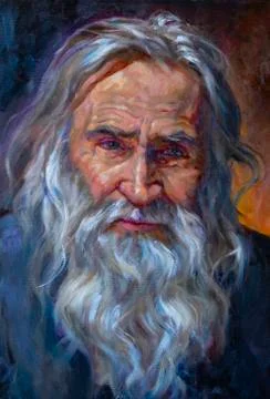 Oil on canvas of an old man with a beard and white hair. Stock Illustration