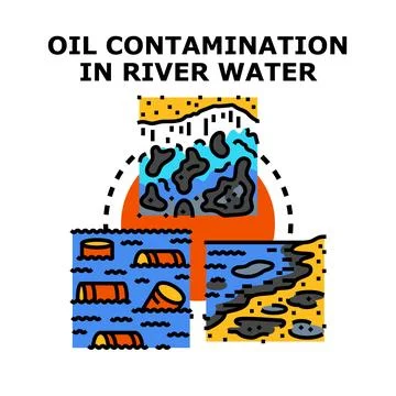 Oil contamination in river water causing environmental damage concept Stock Illustration