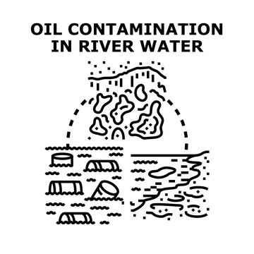 Oil contamination in river water causing environmental damage concept Stock Illustration