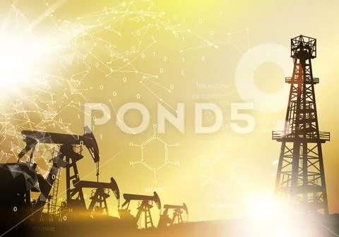 Oil derrick industrial machine for drilling. Oil derrick infographic with stages Stock Illustration