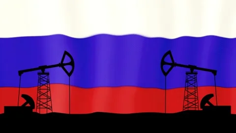 Oil derricks working on the the waving Russian flag background Stock Footage 247554847