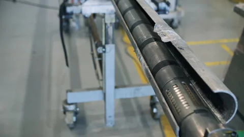 Oil drilling pipe section prepared for inspection in workshop Stock Footage 309328138