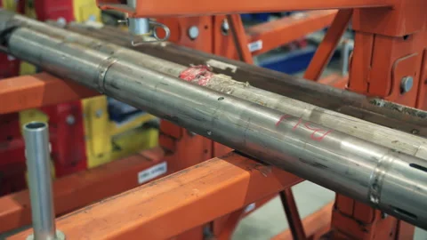 Oil drilling pipe section stored on orange industrial rack Stock Footage 309328108