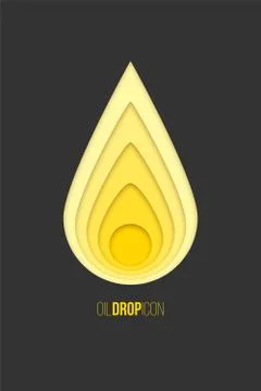 Oil drop icon. Vector yellow paper drop isolated on dark gray background. Stock Illustration