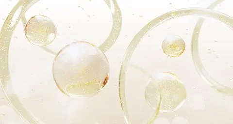 Oil drops texture with wave and splash. Cosmetic yellow 3d background with gold Stock Illustration
