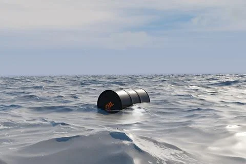 Oil Drum Barrel Floating In The Open Sea. Maritime Pollution Problems. 3D Stock Illustration