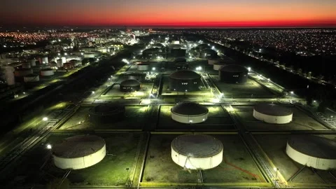 Oil Extraction and Processing and energy plant at Nightfall Stock Footage 325959110