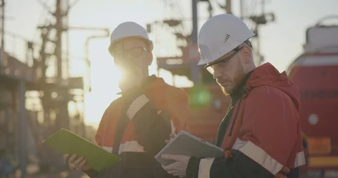 Oil field engineer gives instructions with walkie-talkie while second engineer Stock Footage 108980385