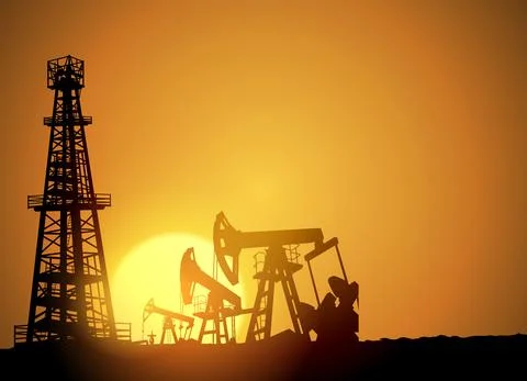 Oil field over sunset. Vector illustration. Gas industry. Dark silhouette Stock Illustration