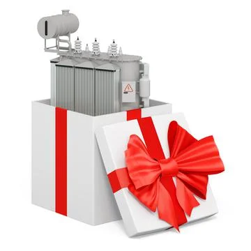 Oil-filled transformer inside gift box, present concept. 3D rendering Ilustración de archivo