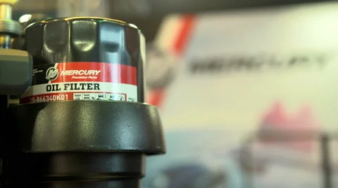 Oil filter mounted on engine exhibited at Genoa Boat Show Stock Footage 60049288