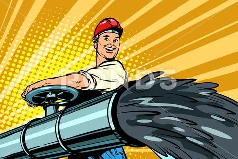 Oil flowing out of pipe, male oilman opens tap Stock Illustration