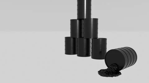 Oil flows from a black barrel that has fallen from standing on top of each other Stock Footage 127767984