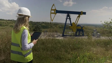 Oil forewoman engineer using a tablet pc to check maintenance schedule for oi Video stock 82179073