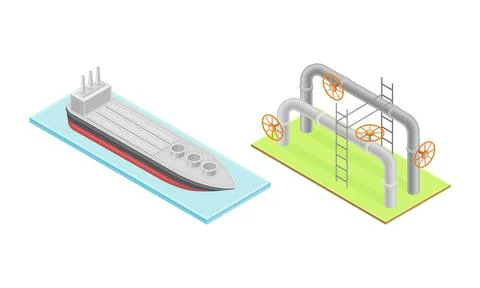 Oil gas industry elements set. Pipeline and oil tanker ship isometric vector Stock Illustration