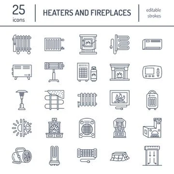 Oil heater, fireplace, convector, panel column radiator and other house heating Illustrazione stock