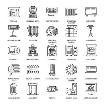 Oil heater, fireplace, convector, panel column radiator and other house heating Illustrazione stock