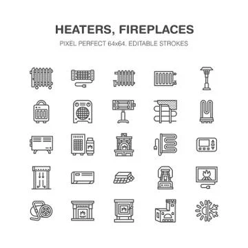 Oil heater, fireplace, convector, panel column radiator and other house heating Illustrazione stock