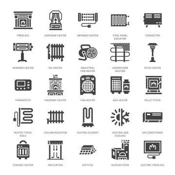 Oil heater, fireplace, convector, panel column radiator and other house heating Stock Illustration