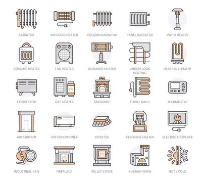 Oil heater, fireplace, convector, panel column radiator and other heating Illustrazione stock