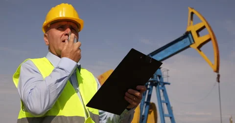Oil Industry Extraction Pump Engineer Use Radio Station Talking Maintenance Team Stock Footage 66862564