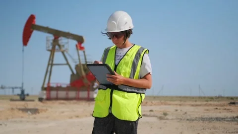 Oil industry inspector using tablet on site Stock Footage 317264948
