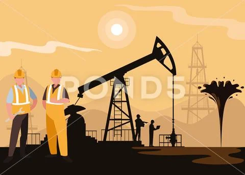 Oil industry scene with derrick and workers Stock Illustration