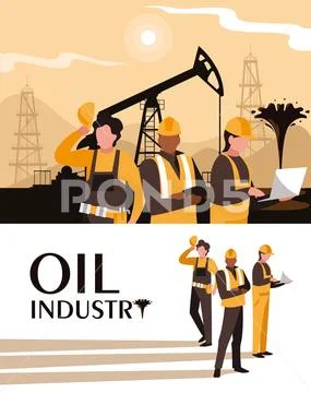 Oil industry scene with derrick and workers Stock Illustration