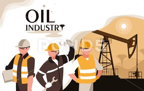Oil industry scene with derrick and workers Stock Illustration