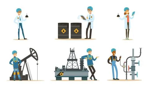 Oil industry workers. Set of vector illustrations. Stock Illustration