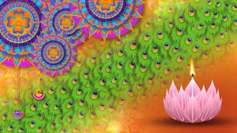 Oil lamp, circles pattern and peacock feather illustration Stock Illustration