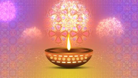 Oil lamp on golden gradient background, fireworks and animated traditional .. Stock Illustration