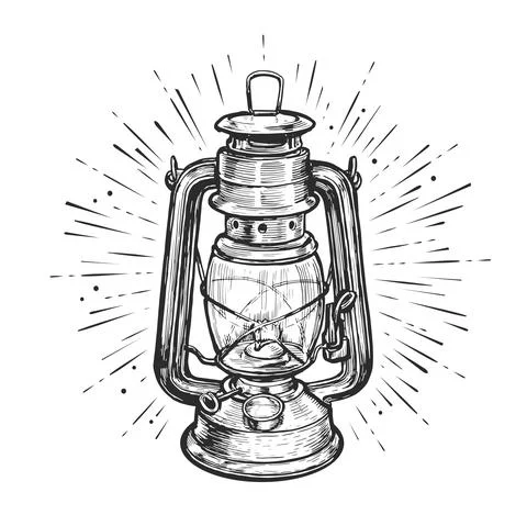 Oil lantern or kerosene lamp with rays of light. Hand drawn sketch vintage Stock Illustration