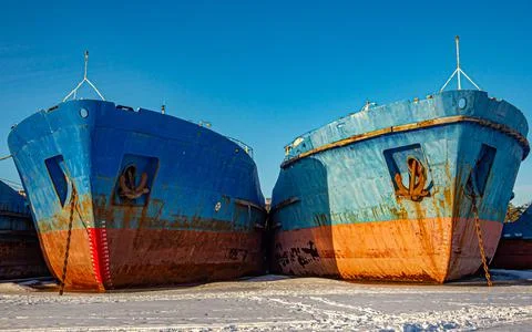 Oil-loading river vessels in a ship repair plant Stock Photos