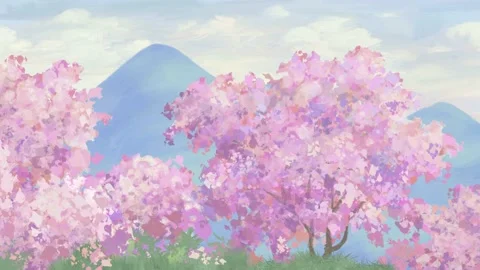 Oil paint background Sakura tree panorama parallax loop animation Video stock 148134481