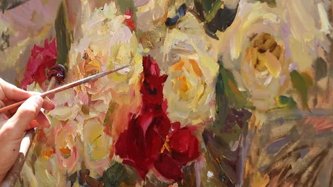 Oil paint brush strokes close up. Still life with flowers. Work of art Stock Footage 90478558