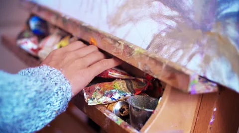 Oil paint on easel Stock Footage 63270968