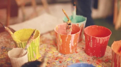 Oil paint, palette, and tools. Hand of painter. 1920x1080 Stock Footage