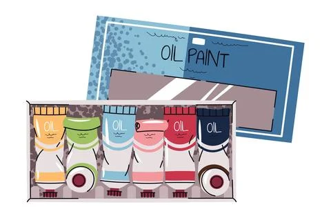 Oil Paint Tubes in Box. Flat Design on White. Artists Paint, Art Supplies Stock Illustration